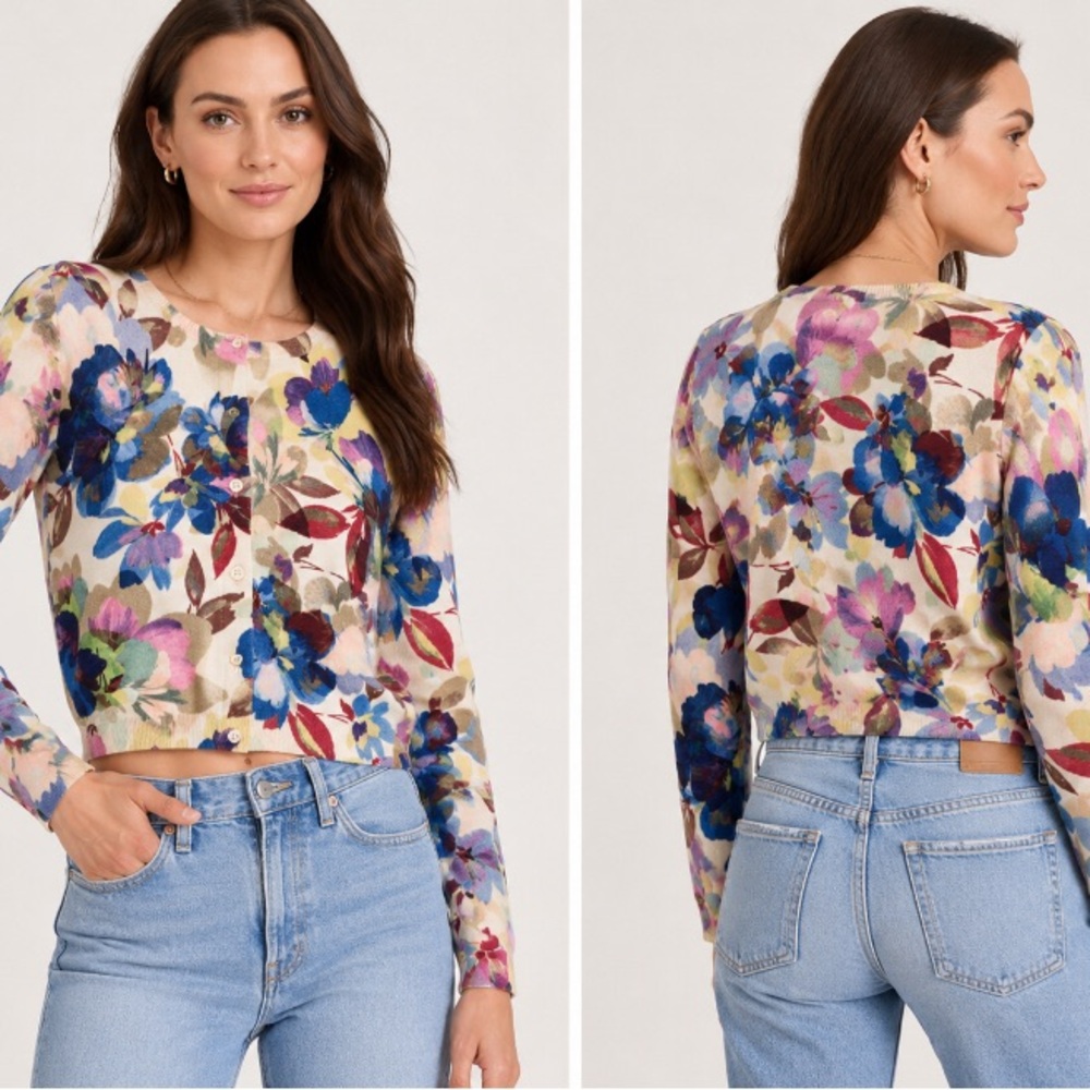 Favorite Daughter Floral Cardigan Sweater XS Cream Blue Pink Button Front Knit